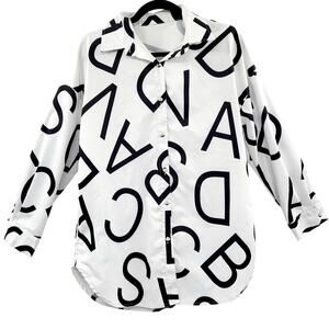 Shein White & Black Bold Letter Print Long-sleeve Collared Button-Up Shirt Sz M